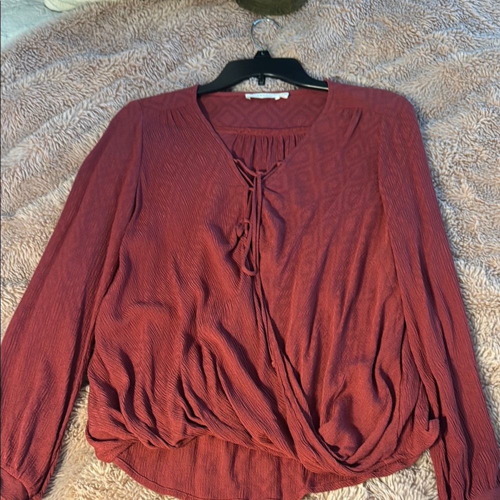 Lush Red Wrap Tie Front Long Sleeve Blouse